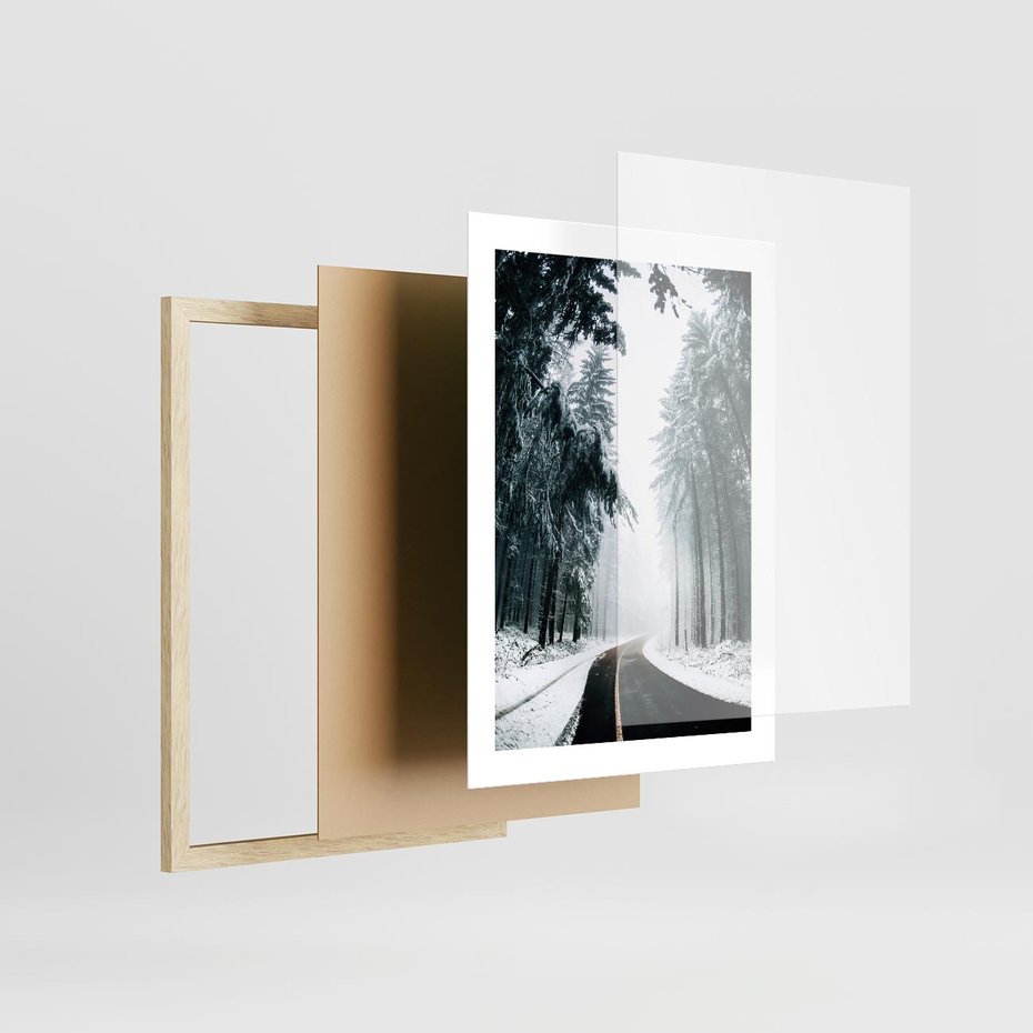 Plakat w ramie 30x40 - Droga przez Zimowy Las - drzewa, śnieg - rama drewno