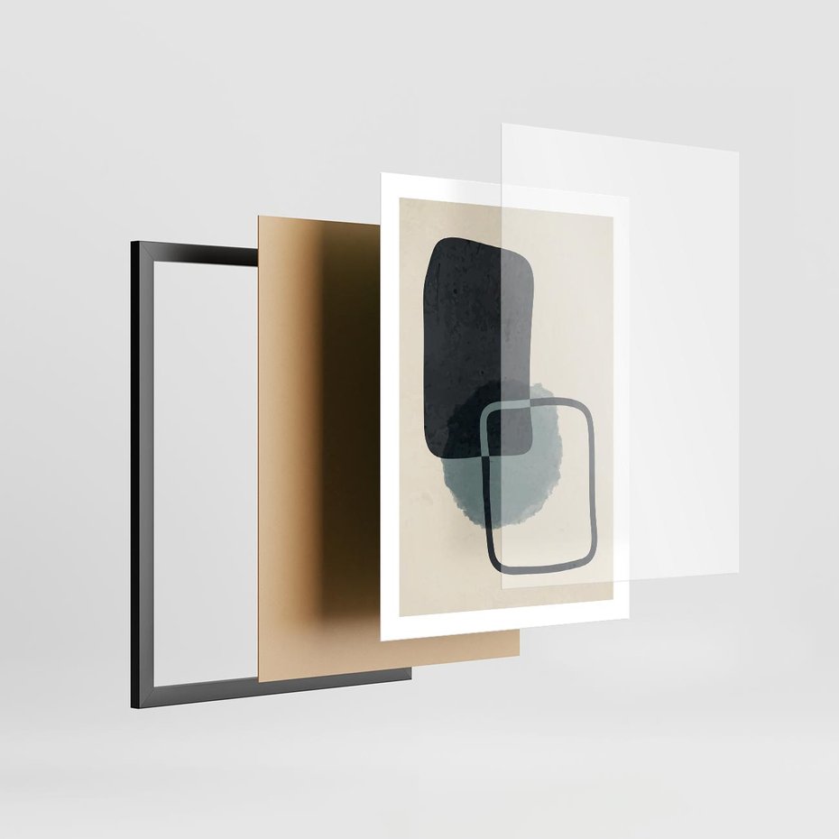 Plakat w ramie 50x70 - Migotliwe Refleksje - abstrakcyjne nieregularne kształty, minimalistyczny plakat - rama czarna