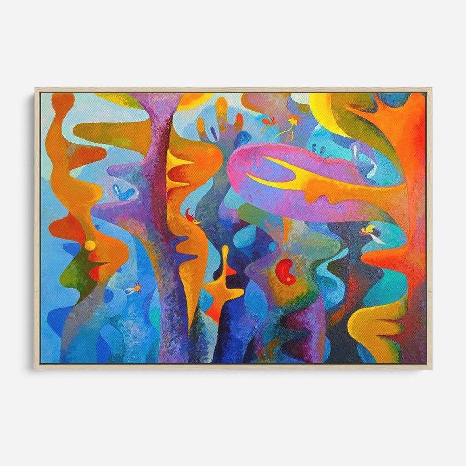 Obraz w ramie 100x70 - Płomienne Tańce Abstrakcji - energetyczna abstrakcja, dziwne formy - rama drewno