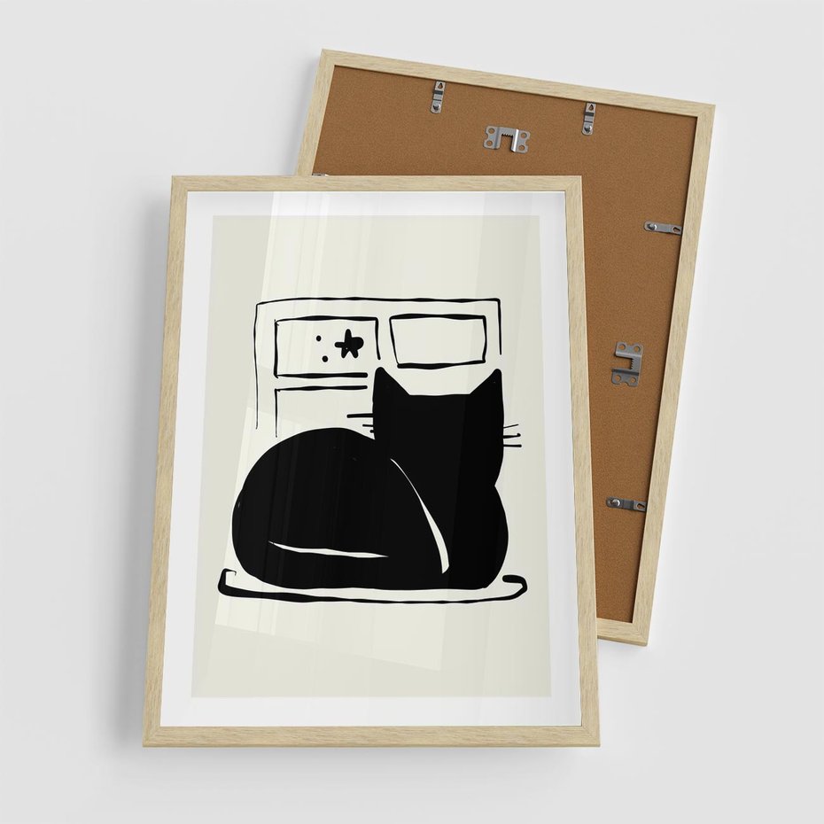 Plakat w ramie 50x70 - Czarny Kot: Prosta Elegancja - grafika, minimalizm - rama drewno