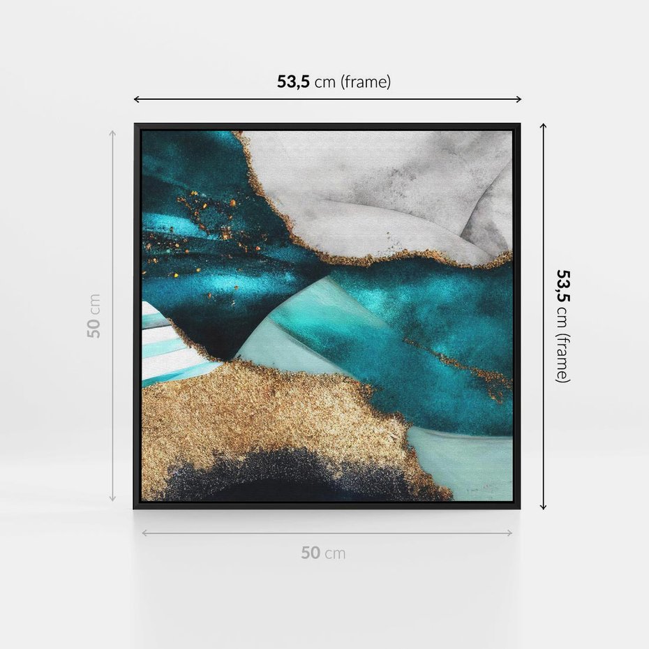 Obraz w ramie 50x50 - Rozlane Turkusy - Turkusowe plamy, złote elementy - rama czarna