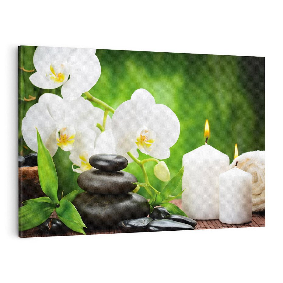 Obraz na płótnie 100x70 - Relaksacyjny SPA: masaż z kamieniami i kwiatami - SPA, masaż