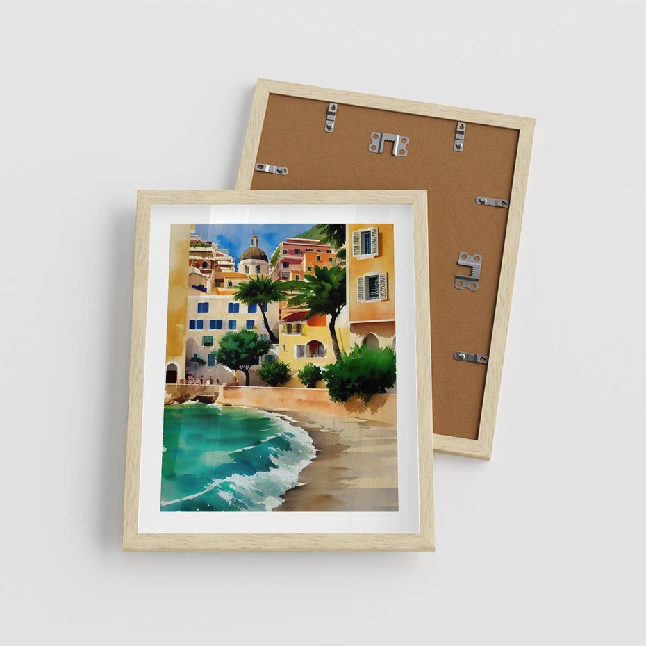 Plakat w ramie 40x50 - Zamieszkajmy Tu - akwarela, śródziemnomorski klimat - rama drewno