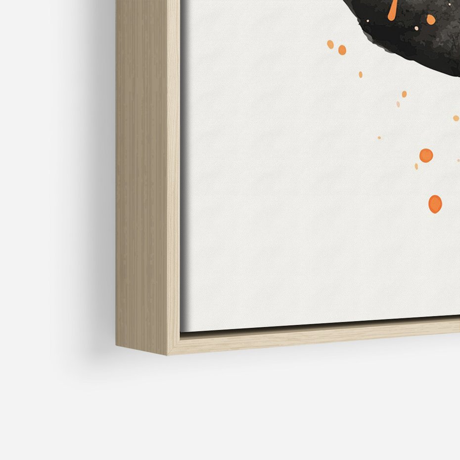 Obraz w ramie 70x100 - Impulsy Kreatywności - abstrakcyjna czarna plama, rozsiane pomarańczowe kropki - rama drewno