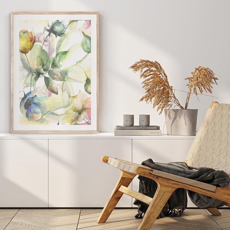 Plakat w ramie 40x50 - Delikatne Kolory - akwarelowe, kwiaty - rama drewno