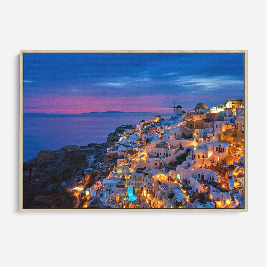 Obraz w ramie 70x50 - Wyblakłe wspomnienia gwiazd - Santorini, wieczór - rama drewno