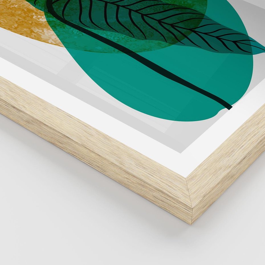 Plakat w ramie 30x40 - Zielony Liść ze Złotą Plamą - zielony liść, złota plama - rama drewno
