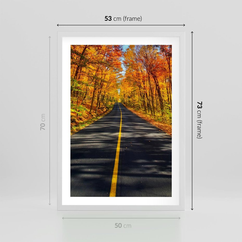 Plakat w ramie 50x70 - Droga przez jesienny las - droga, las - rama biała