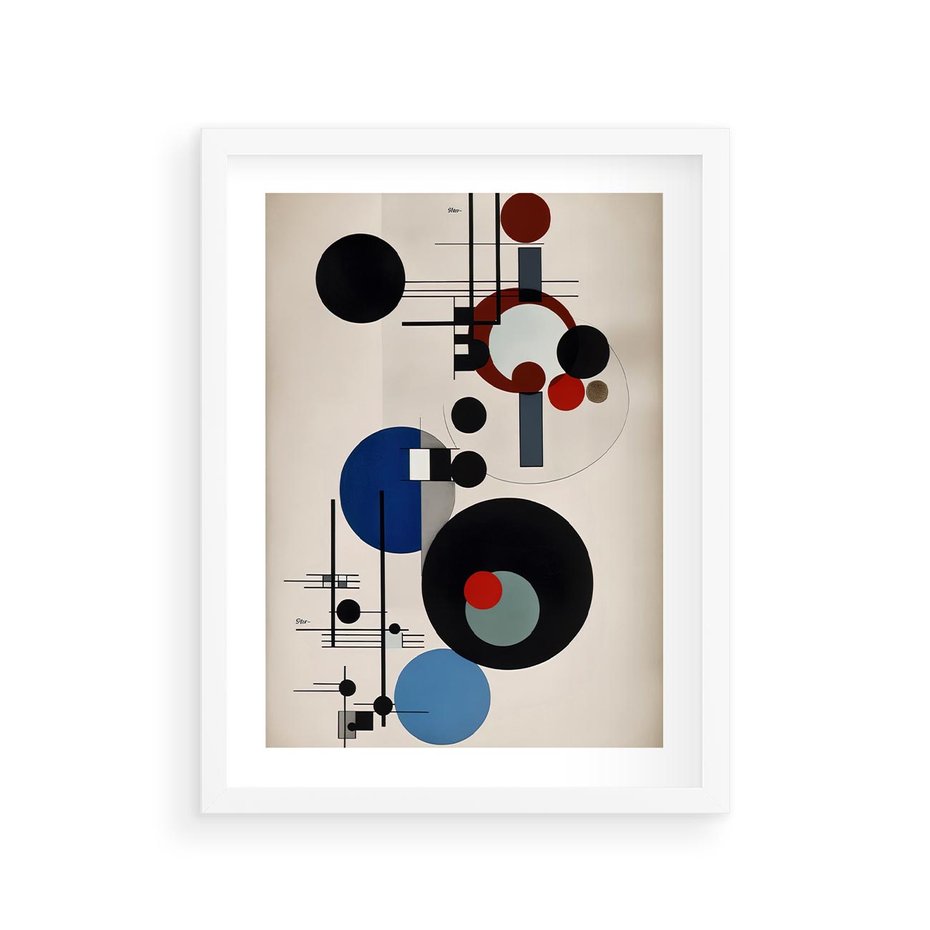 Plakat w ramie 30x40 - Rozkwitające Wibracje Wyobraźni - abstrakcyjna geometryczna kompozycja, koła linie - rama biała