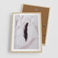Plakat w ramie 50x70 - Prosta Elegancja - czarne pióro na białej pościeli, minimalizm - rama drewno