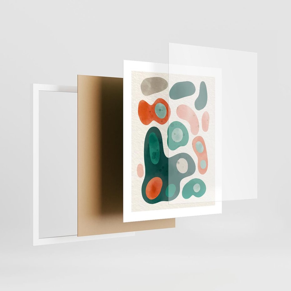 Plakat w ramie 40x50 - Kolorowe Przenikanie - przypadkowe abstrakcyjne plamy, pomarańczowy i zielony - rama biała