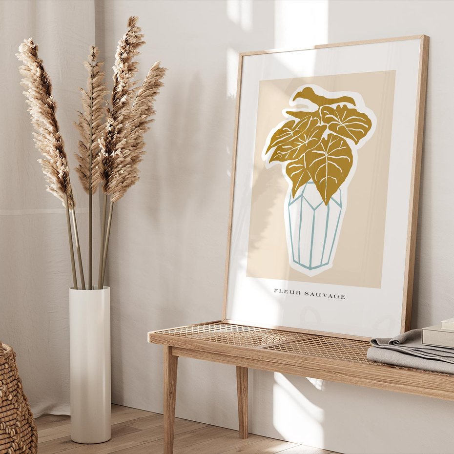 Plakat w ramie 40x50 - Rytmy Nowych Wizji - abstrakcyjne liście, tropikalne w wazonie - rama drewno