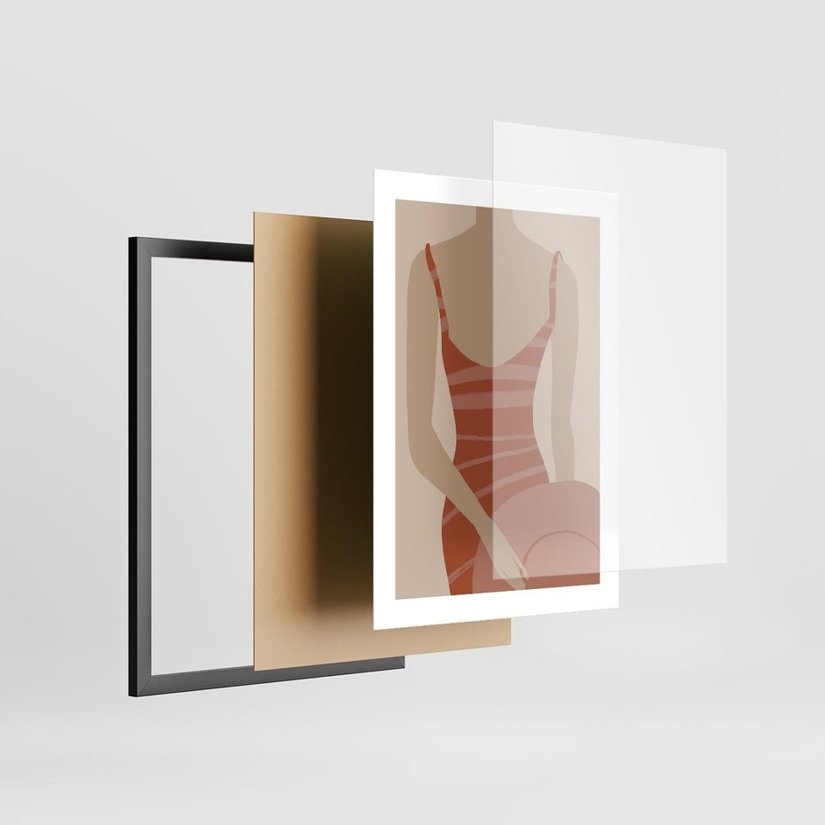 Plakat w ramie 30x40 - Kobiece Retro - minimalistyczny boho plakat, retro kobieta w stroju kąpielowym - rama czarna