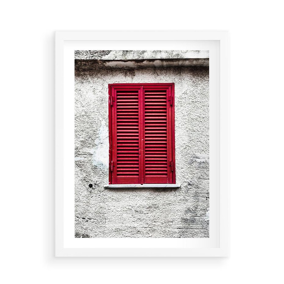 Plakat w ramie 50x70 - Okno z Czerwonymi Okiennicami - stare okno, kamienica - rama biała