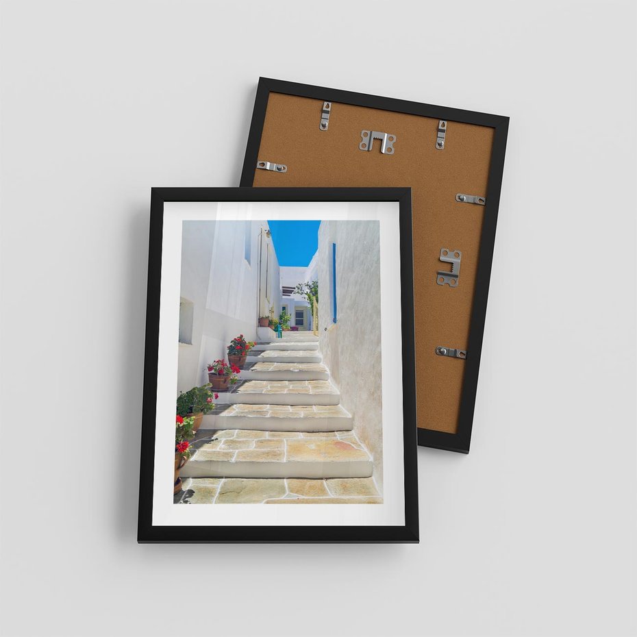 Plakat w ramie 30x40 - Urok Greckiej Uliczki - grecka, uliczka - rama czarna