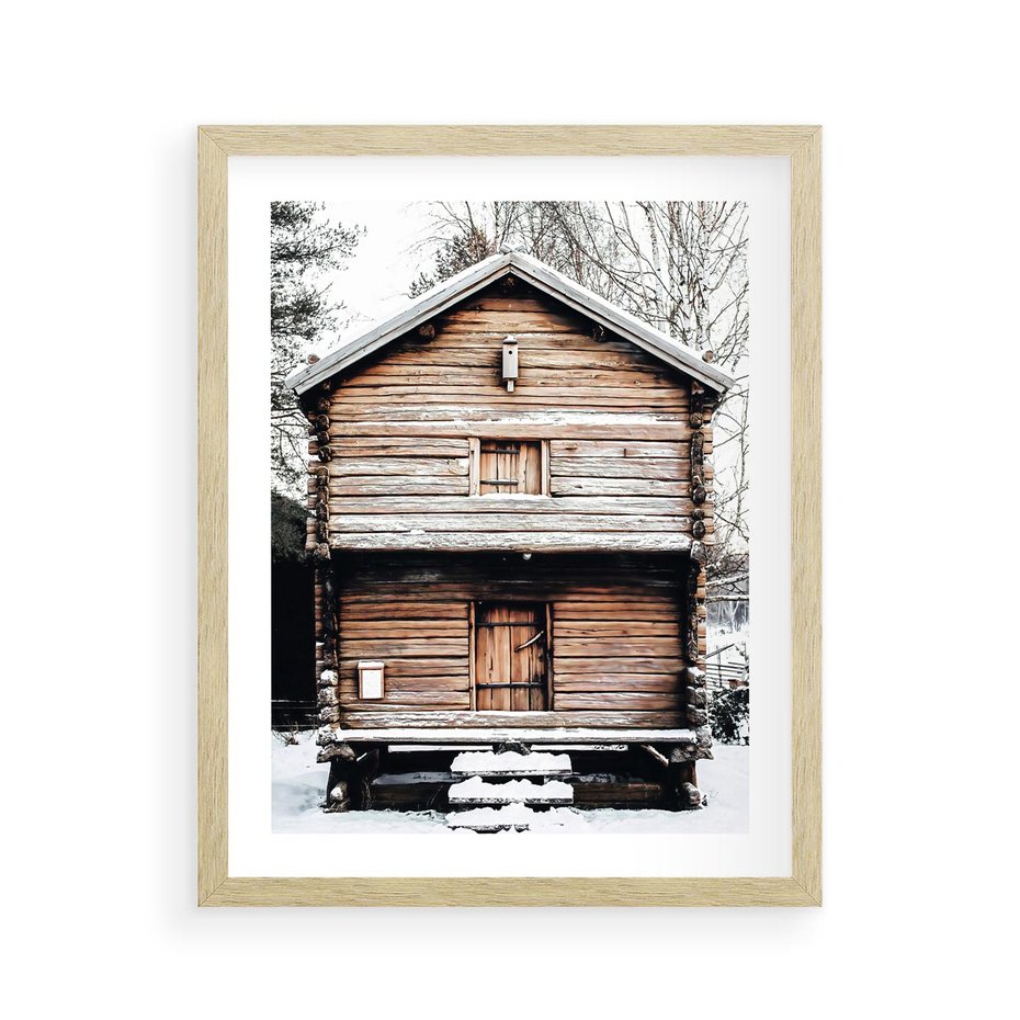 Plakat w ramie 40x50 - Śnieżny Ustronny Raj - domek w górach, śnieg - rama drewno