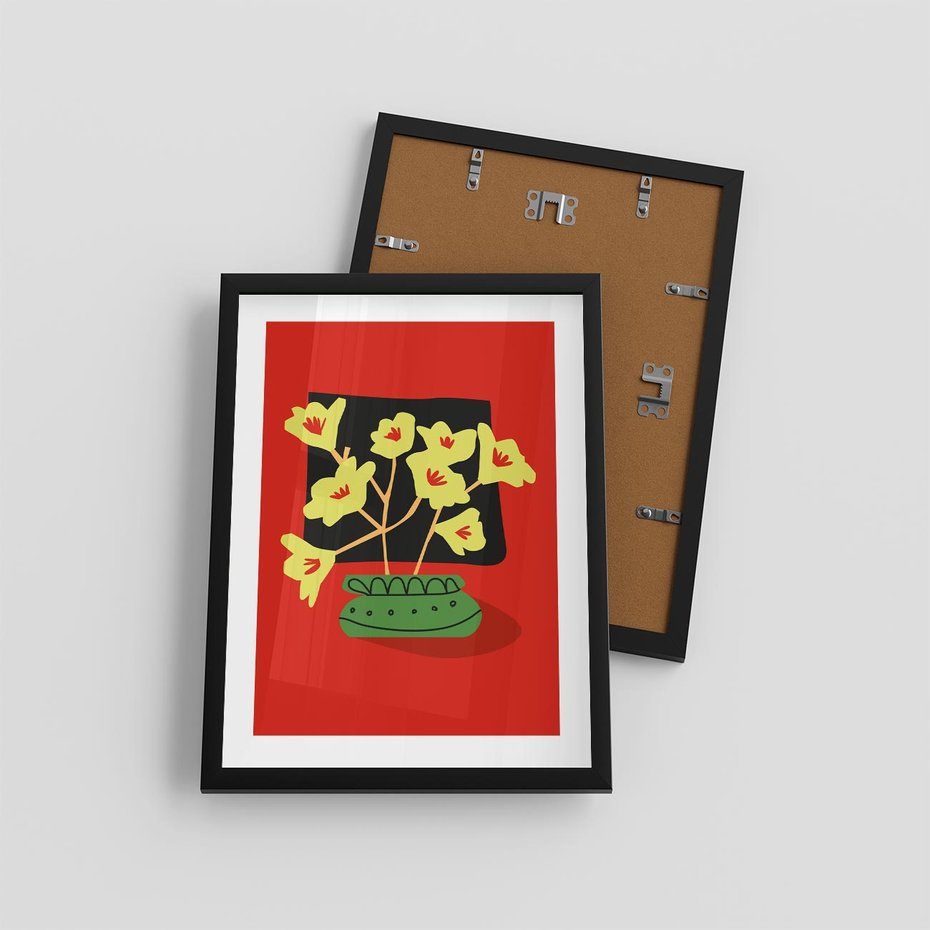 Plakat w ramie 30x40 - Abstrakcyjne Przenikanie - abstrakcyjne kwiaty, czerwone tło - rama czarna