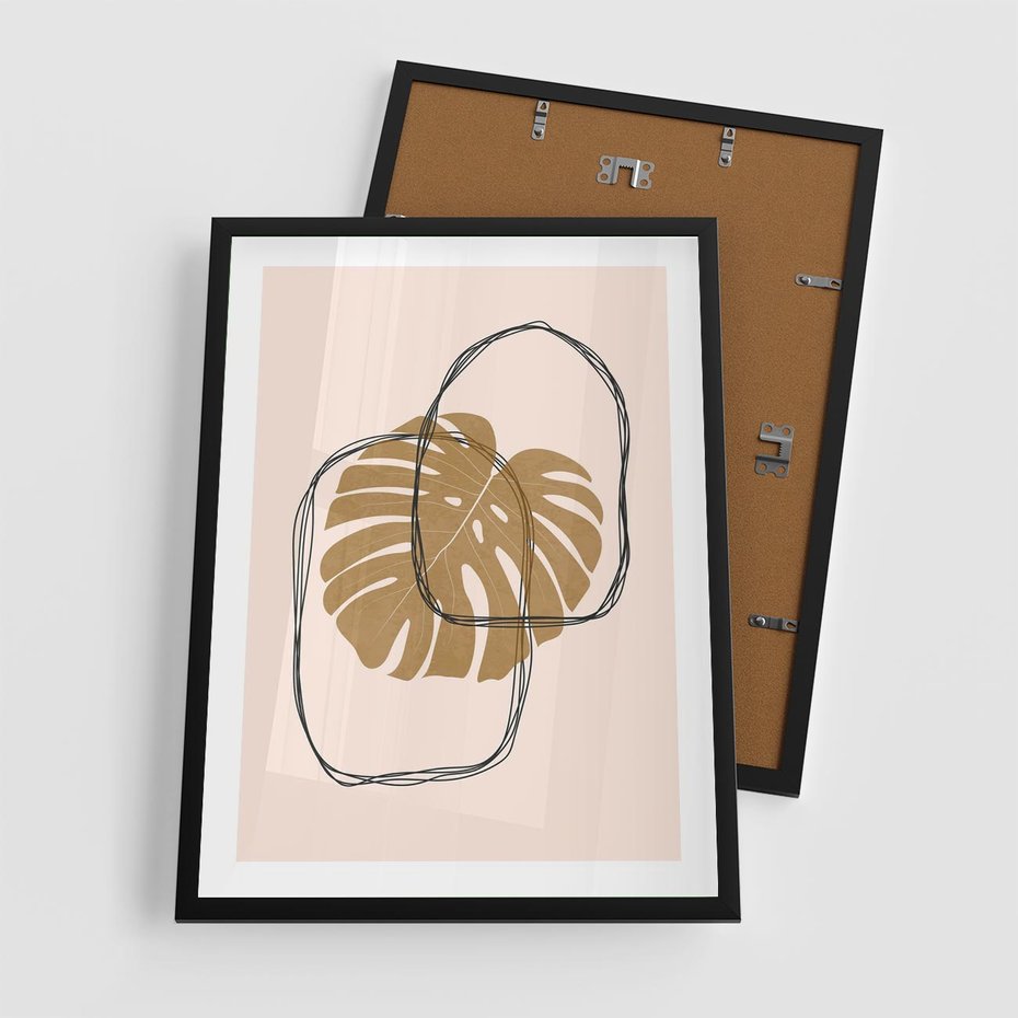 Plakat w ramie 50x70 - Liście w Beżowym Minimalizmie - minimalistyczny obraz, liście monstery - rama czarna