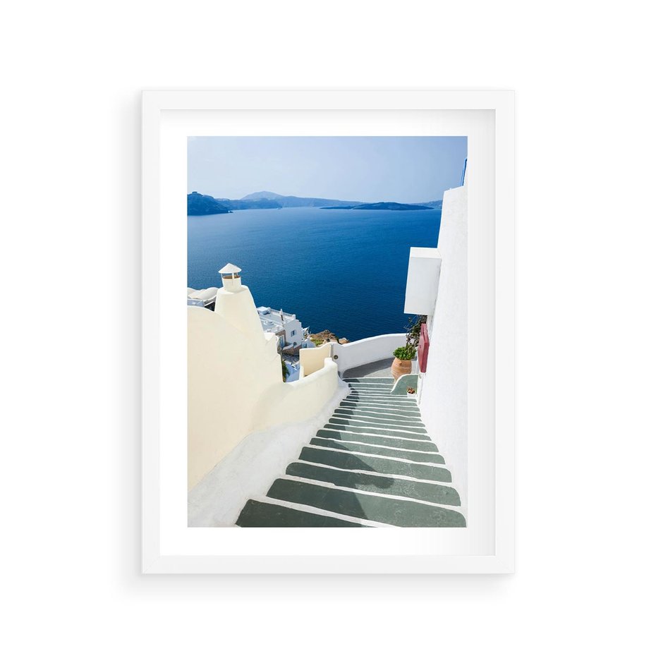 Plakat w ramie 30x40 - Malowniczy urok wyspy - Santorini, schodki - rama biała