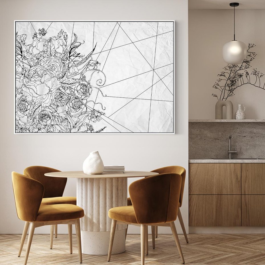 Obraz w ramie 70x50 - Refleksje w martwym punkcie - graficzny szkic, kompozycja kwiatów - rama biała