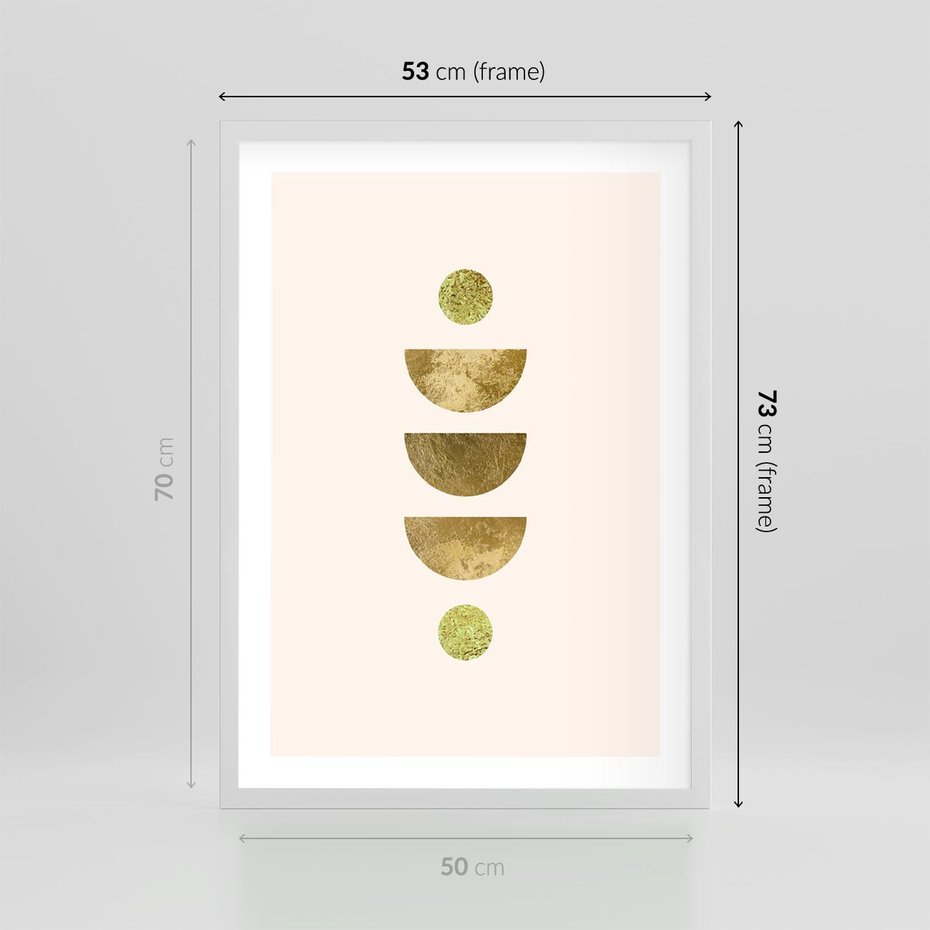 Plakat w ramie 50x70 - Harmonijne Odbicia - geometryczne złote kształty, tekstura - rama biała