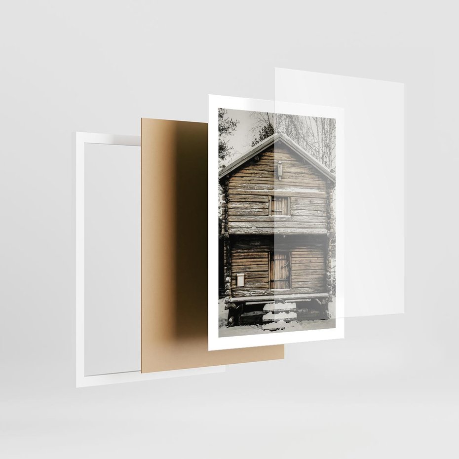 Plakat w ramie 50x70 - Stary Drewniany Dom w Śniegu - stary drewniany dom, zima - rama biała