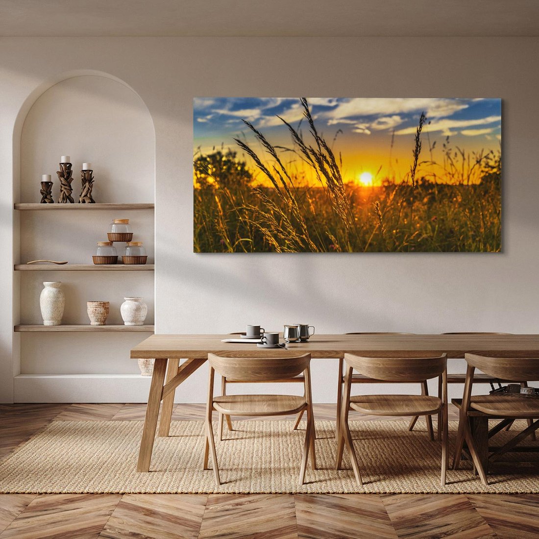 Obraz na płótnie 120x60 - "Zachód Słońca, Łąka - Magiczna Aura - zachód, słońca