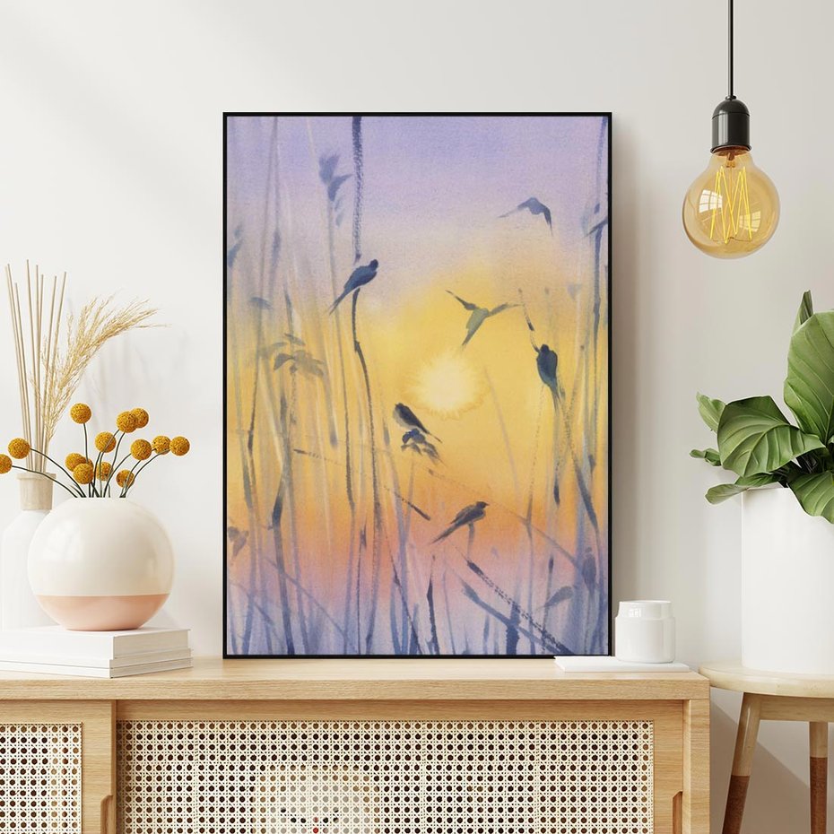 Obraz w ramie 70x100 - Mistyka Poranka nad Szuwaram - wschód słońca w szuwarach, trawy - rama czarna