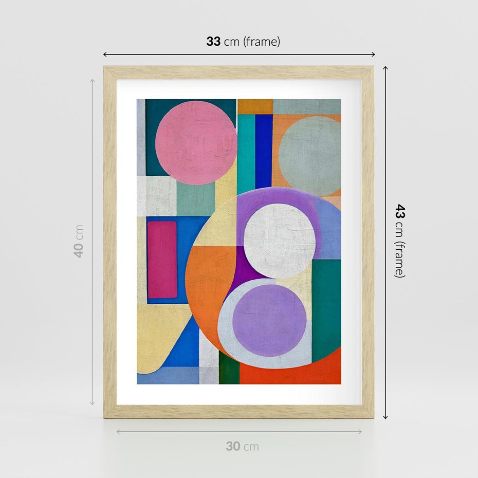 Plakat w ramie 30x40 - Migotliwe Impulsy Dźwięku - różne geometryczne formy, koła - rama drewno