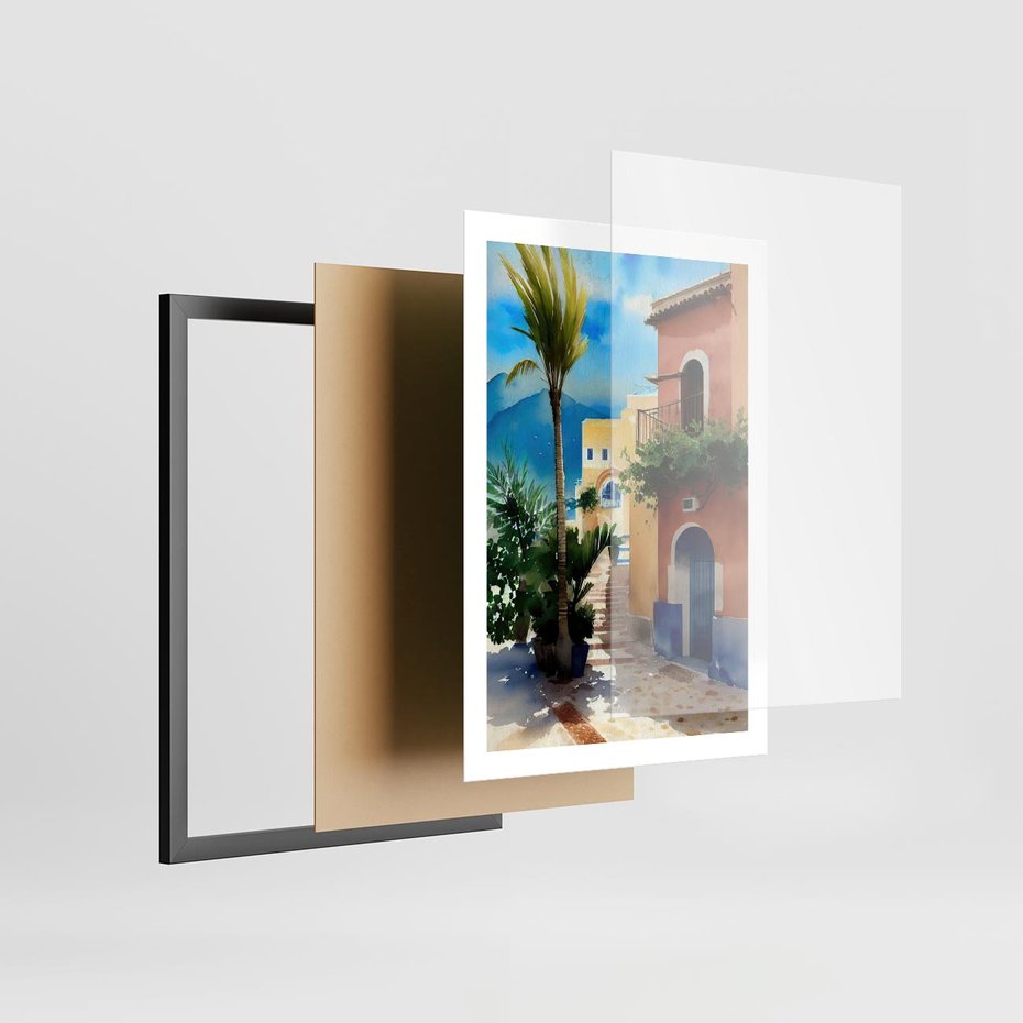 Plakat w ramie 50x70 - Spokój Miasta nad Morzem - akwarela, sródziemnomorski klimat - rama czarna