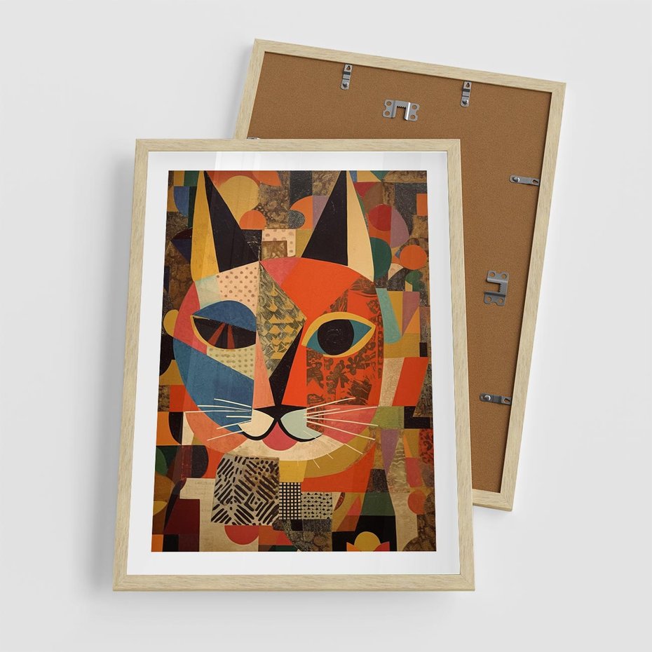 Plakat w ramie 50x70 - Impresje Nieznanych Odniesień - abstrakcyjny obraz olejny, kot - rama drewno