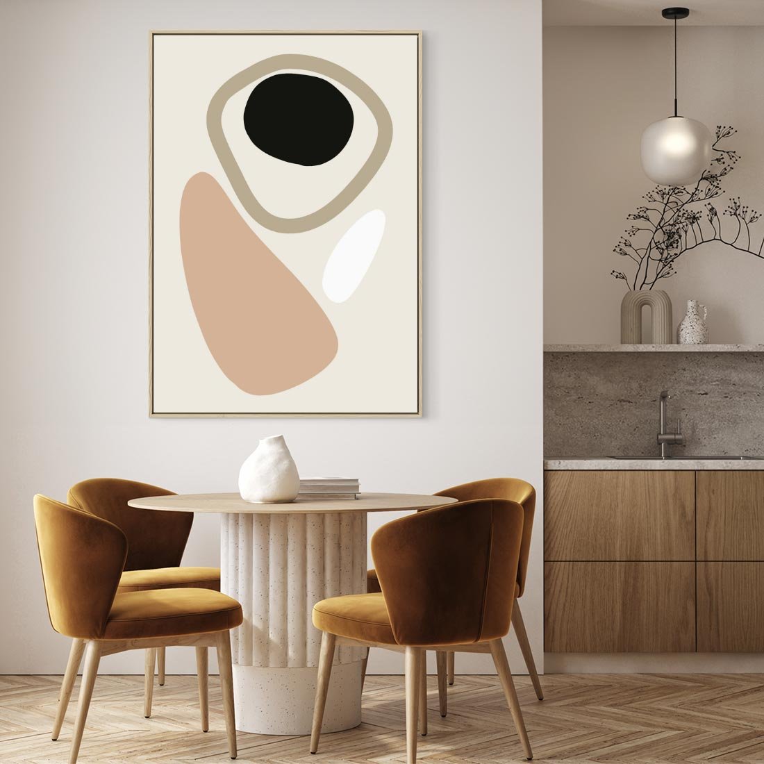 Obraz w ramie 80x120 - Beżowa Synergia - beżowa abstrakcyjna kompozycja, czarny akcent - rama drewno