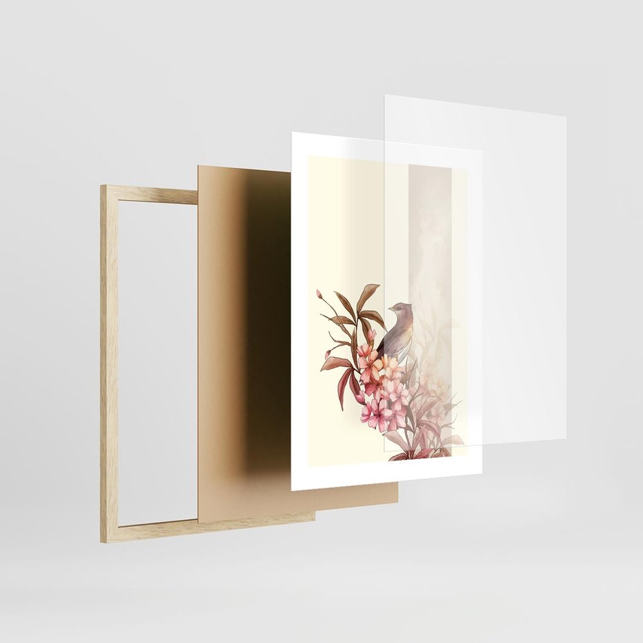 Plakat w ramie 30x40 - Kwiatowe Zanurzenie - japońska sztuka, ptak - rama drewno