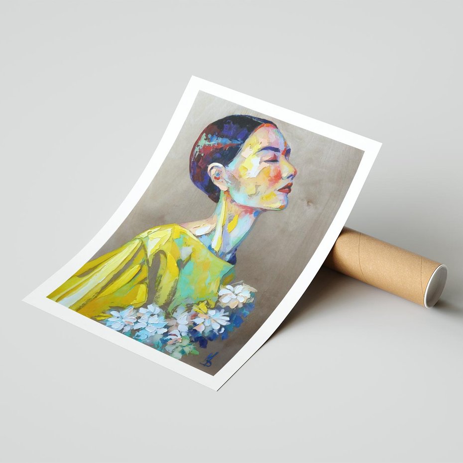 Plakat bez ramy 21x30 - W Żółtej Sukience - olejny abstrakcyjny obraz, portret kobiety w żółtej sukience