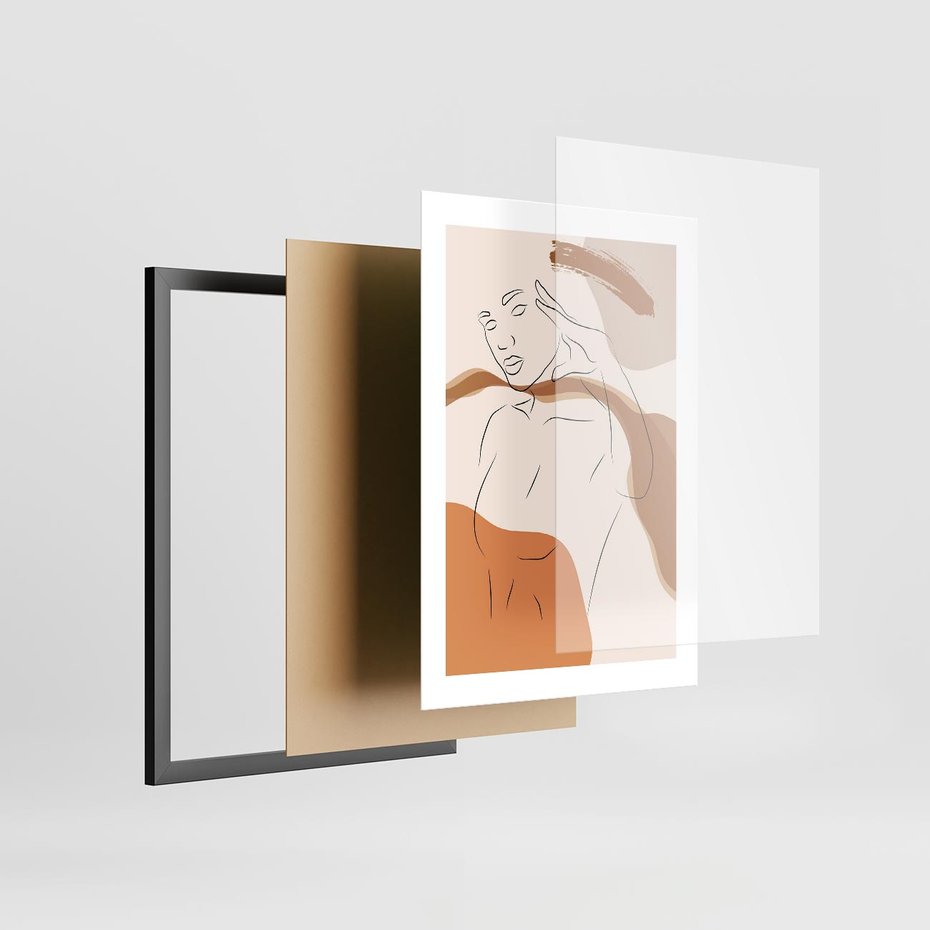 Plakat w ramie 30x40 - Sztuka Piękna w Beżach i Brązach - szkic jedną linią, naga kobieta - rama czarna