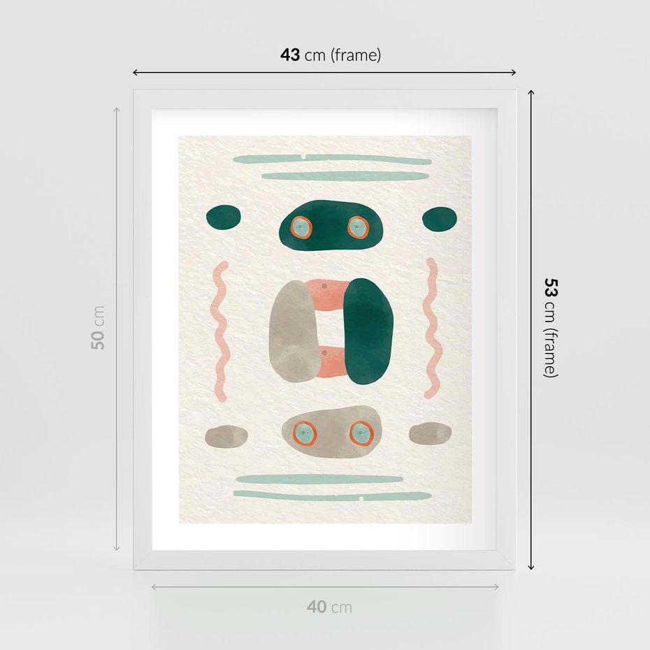 Plakat w ramie 40x50 - Tańczące Kształty Natury - przypadkowe abstrakcyjne wzory, pomarańczowy i zielony - rama biała