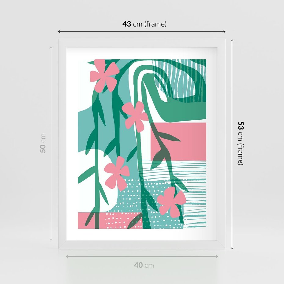 Plakat w ramie 40x50 - Rozkwitające Harmonie Form - abstrakcyjne pastelowe kwiaty, nowoczesna sztuka - rama biała