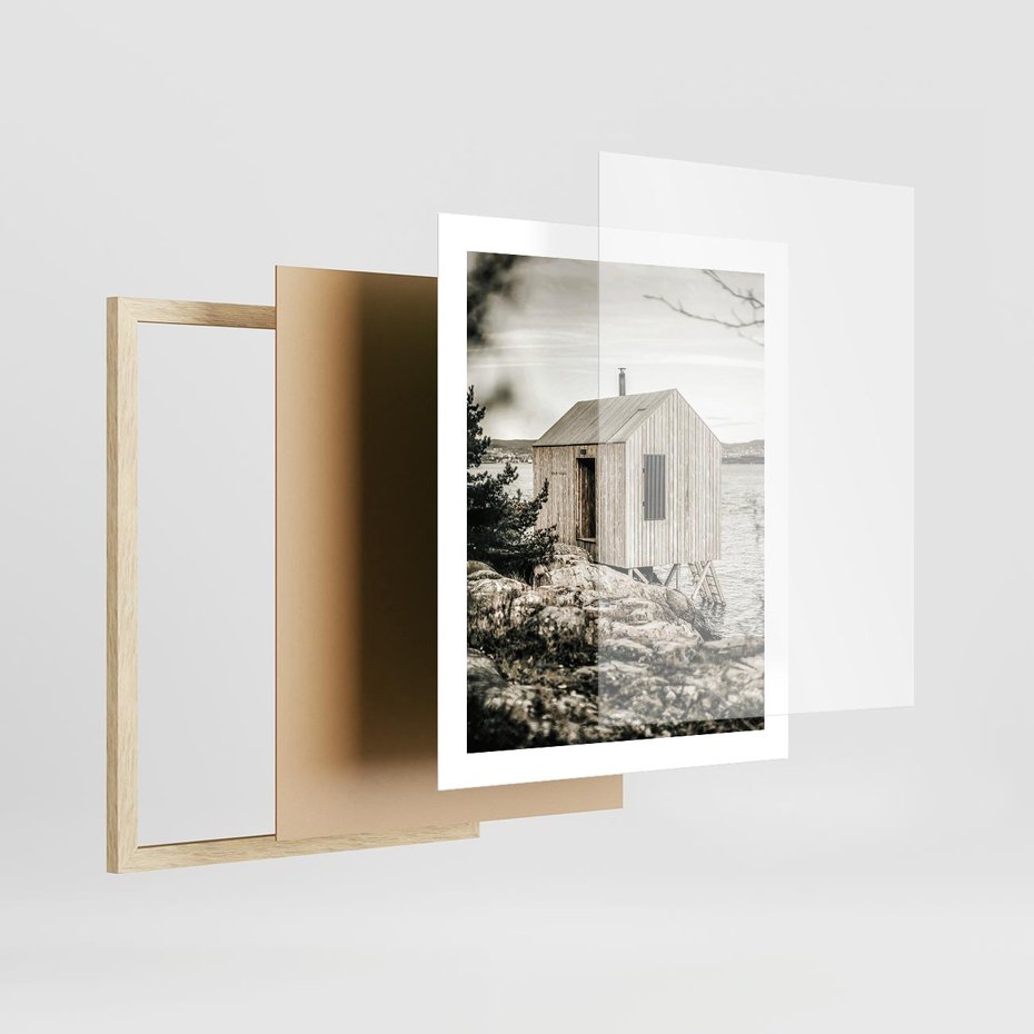 Plakat w ramie 40x50 - Nostalgiczna Oaza - rustykalny domek, domek nad jeziorem - rama drewno