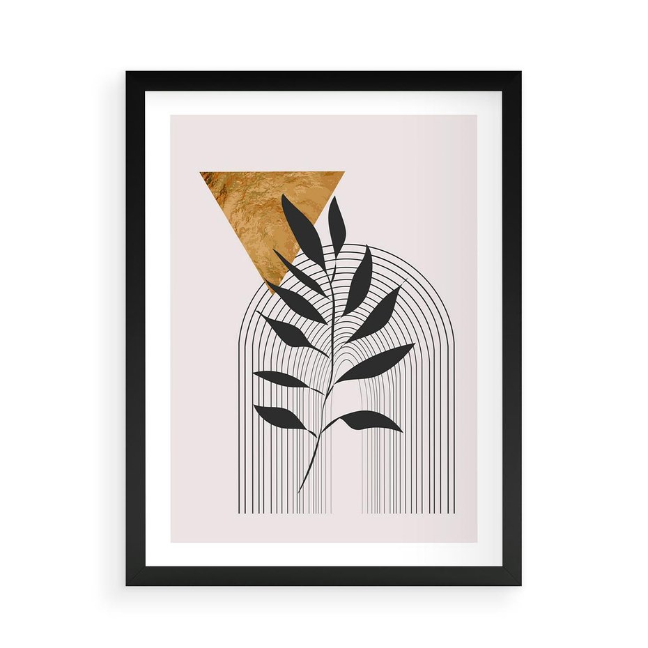Plakat w ramie 50x70 - Geometria z Elementami Złota i Liści - grafika, złoto - rama czarna