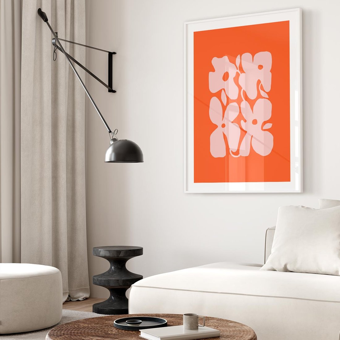 Plakat w ramie 30x40 - Taniec Abstrakcji - kwiaty, energetyczne pomarańczowe tłó - rama biała