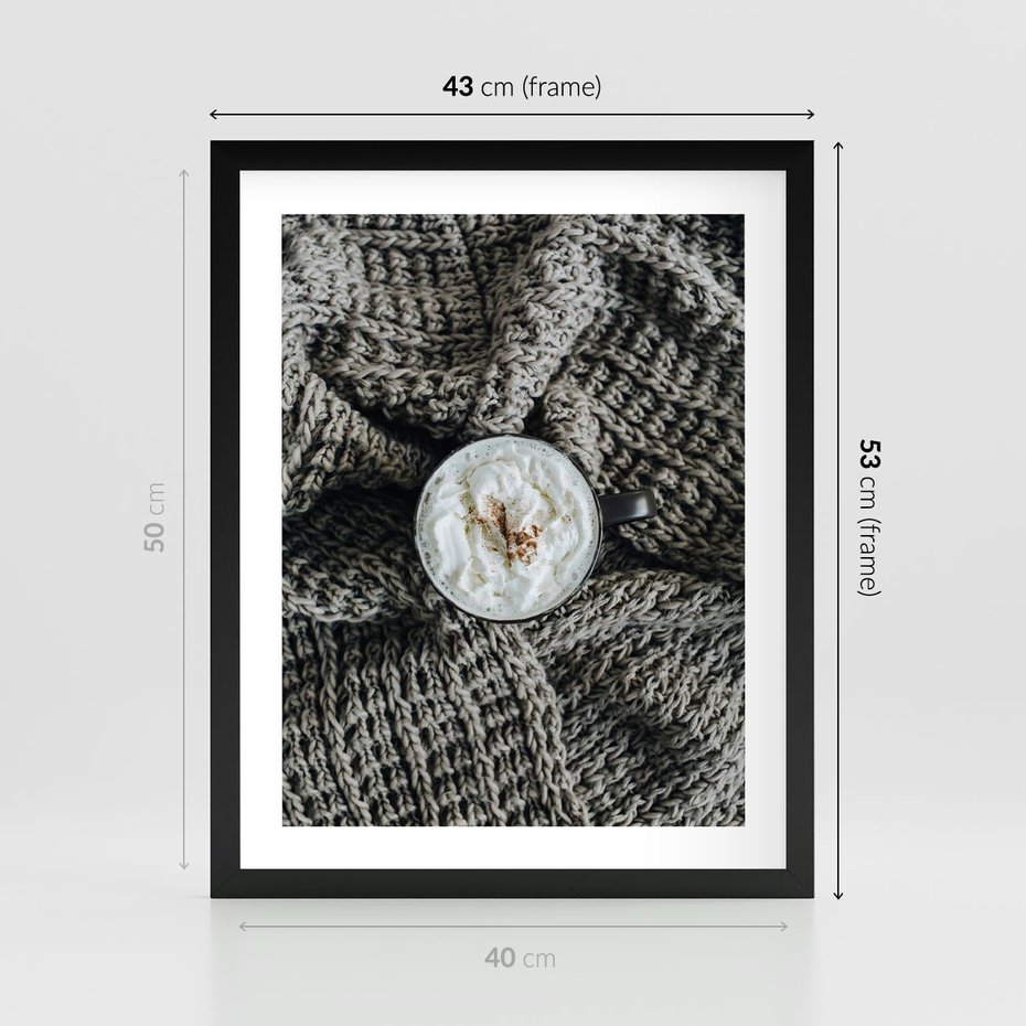 Plakat w ramie 40x50 - Relaks z Kawą i Kocem - ciepły wełniany koc, kawa z bitą śmietaną - rama czarna
