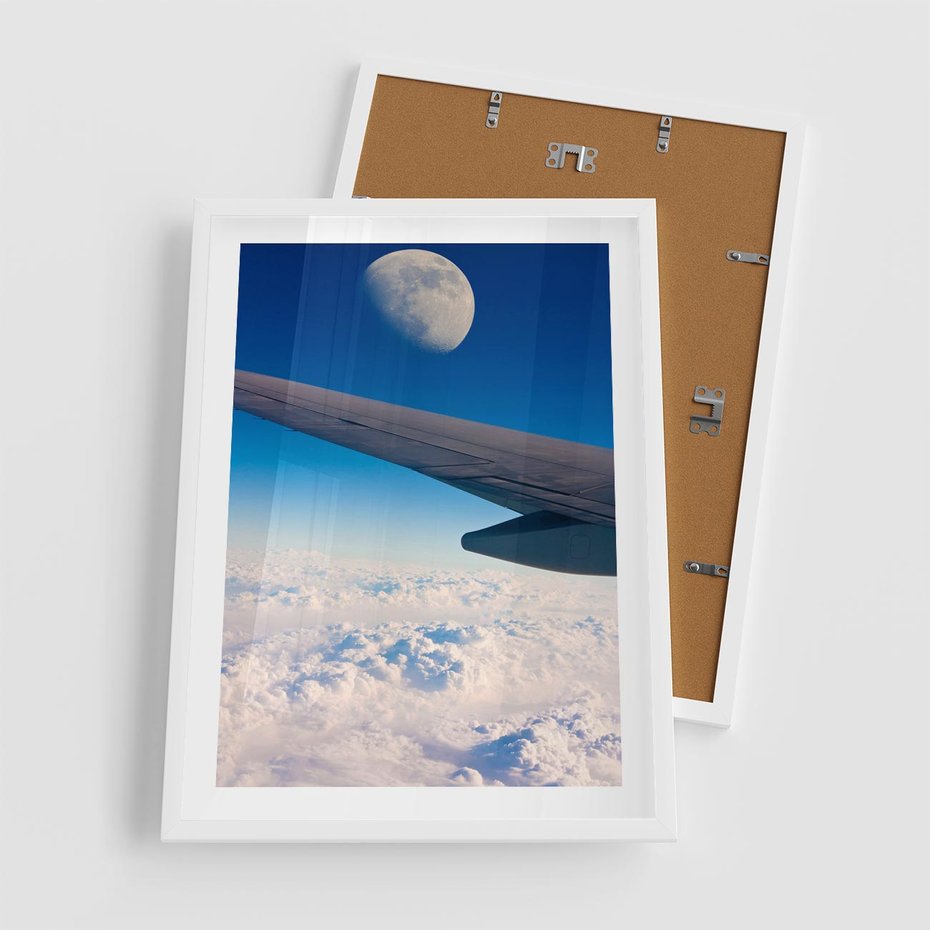 Plakat w ramie 50x70 - Samolot ku Księżycowi - samolot, ksieżyc - rama biała