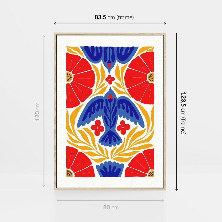 Obraz w ramie 80x120 - Eklektyczny Majestat - wyrazista grafika, mocne kolory czerwień niebieski żółty - rama drewno