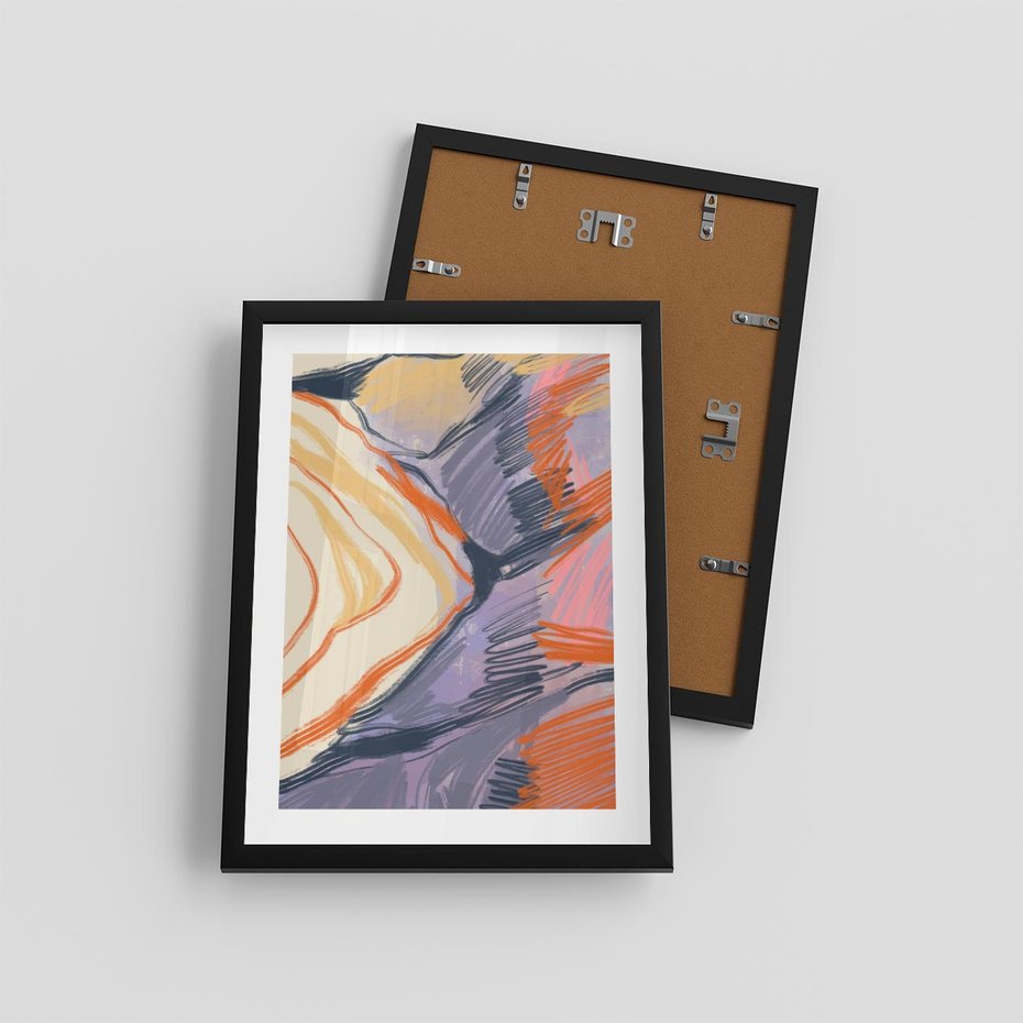 Plakat w ramie 30x40 - Pokreślony Świat - abstrakcyjne formy, odcienie pomarańczu i fioletu - rama czarna