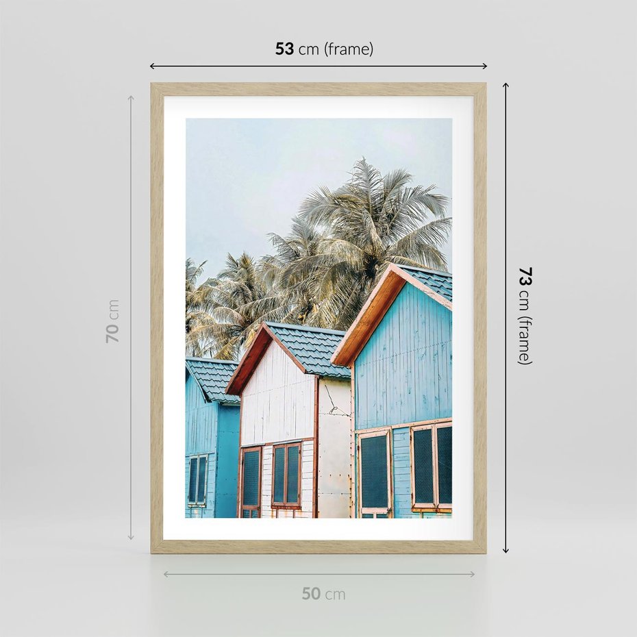 Plakat w ramie 50x70 - Rajskie Wakacje - domki na plaży, błękitne domki - rama drewno