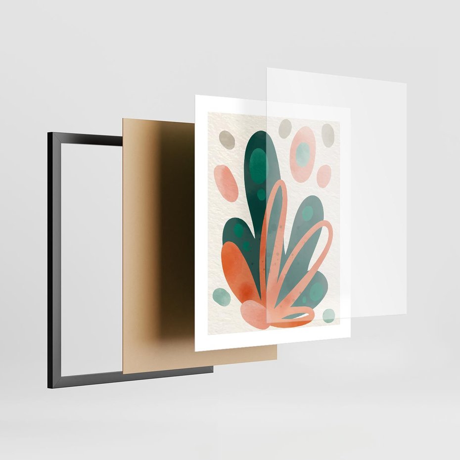 Plakat w ramie 40x50 - Harmonia bez Harmonii - akwarelowe abstrakcyjne kształty, zieleń i pomarańcz - rama czarna