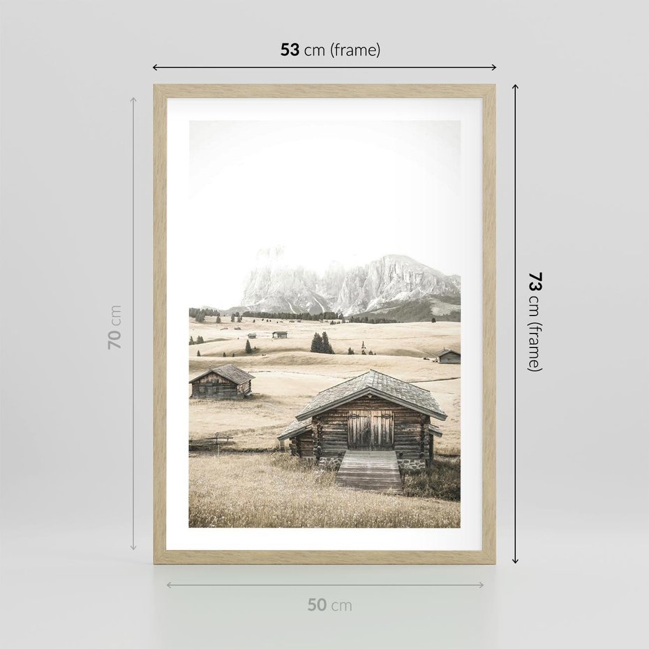 Plakat w ramie 50x70 - Chatka w Górskiej Sepii - domek w górach, chatka - rama drewno