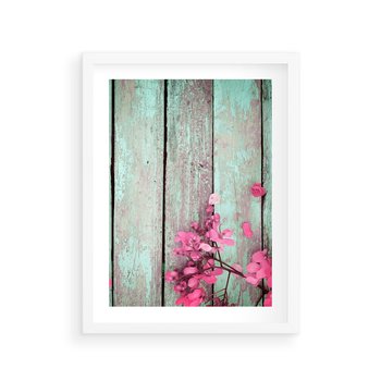 Plakat w ramie 50x70 - Urok Dawnych Czasów - kwiaty, deski - rama biała