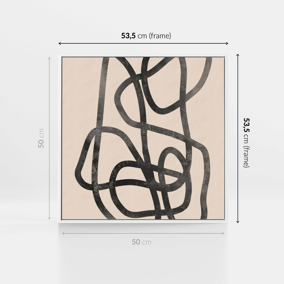 Obraz w ramie 50x50 - Przenikanie Wirtualnych Wymiarów - zaplątane minimalistyczne linie, na bezowym tle - rama biała