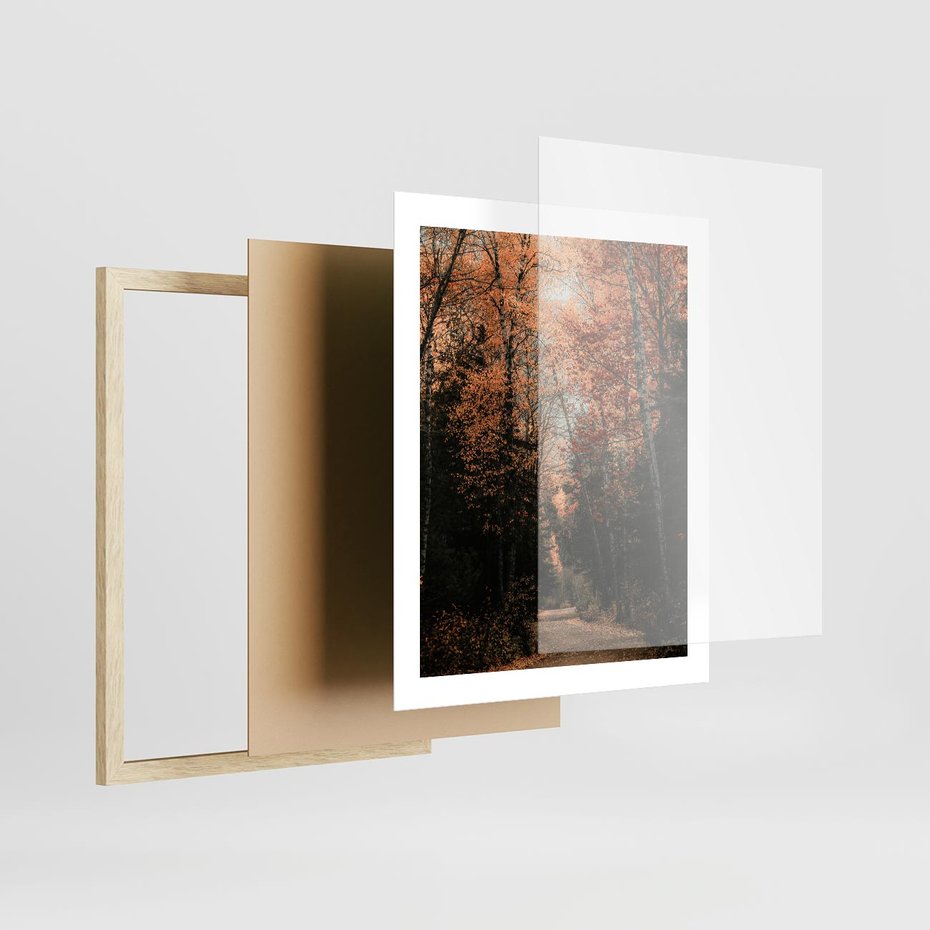 Plakat w ramie 40x50 - Drzewa w Czerwonych Liściach - las, jesienny las - rama drewno